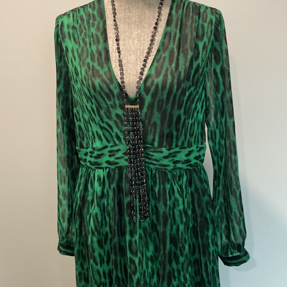 Michael Kors Green Black Animal Print Long Sleeve V Neck Midi Dress 16 - Picture 11 of 11